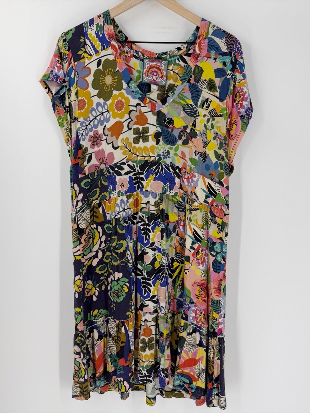 Johnny Was Chelsea Garden Tiered Tea Length Dress L Floral Multi Stretchy